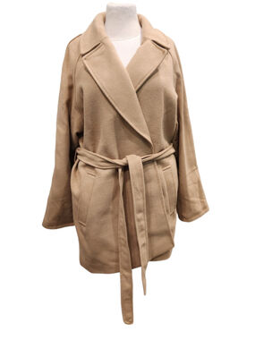 H&M Tan Beige Belted Wrap Coat Jacket Women's Size XL Oversized Longline Peacoat